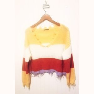 Raw edge colorblock cropped slouchy knit V sweater